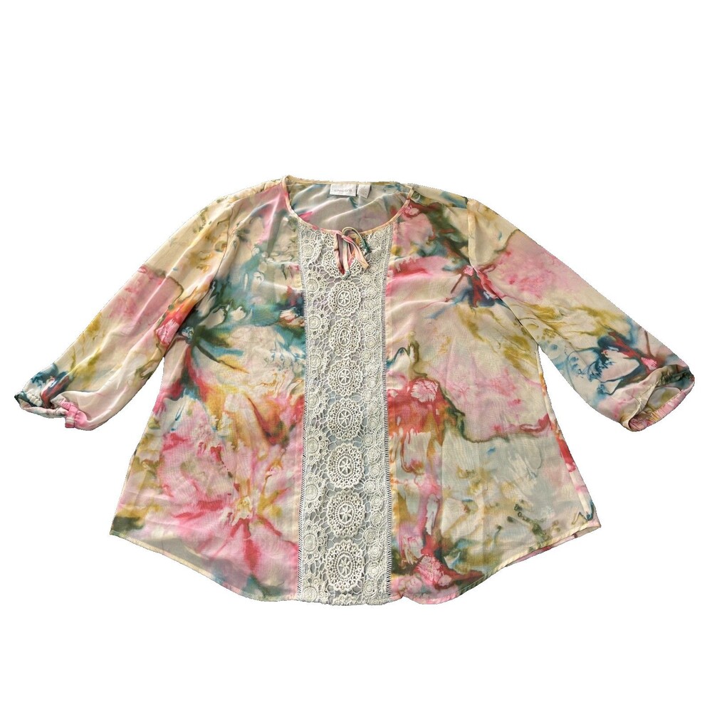 Chicos Top Shirt Womens Size 3 Colorful Sheer Long Sleeve Lace Trim Light Weight